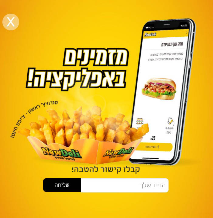 פופאפ עם טופס שליחת SMS באתר רשת ניו דלי