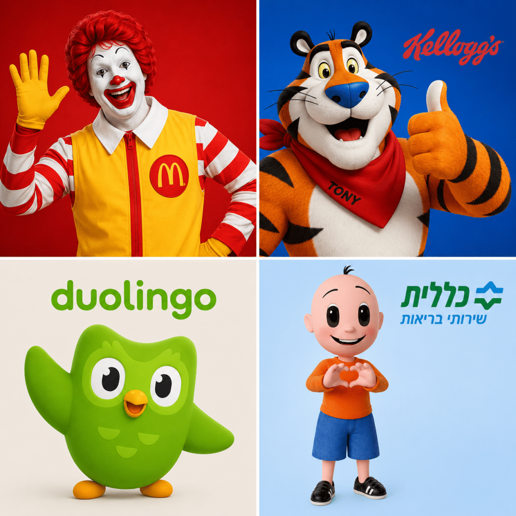 דמויות של מותגים - טוני הנמר, רונלד הליצן, הינשוף של דואלינגו וחמודי.